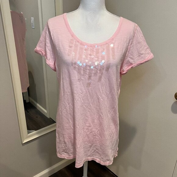 Ralph Lauren Polo Jeans Company Pink Sequined Short Sleeve T-Shirt, Size Large - Picture 1 of 13